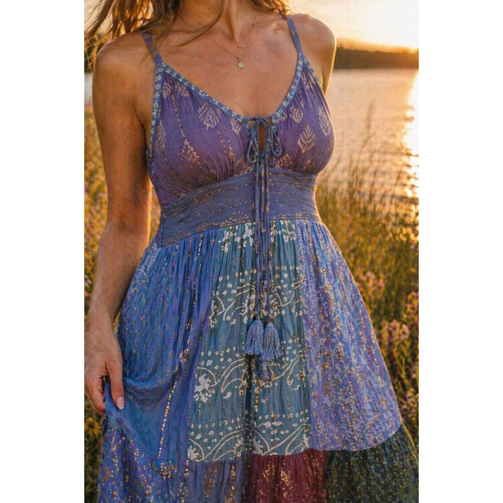 Blue Patchwork Maxi Sundress Gold Metallic Boho, Flowy Artisan Dress - Picture 4 of 4